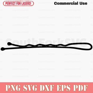 May include: Black and white silhouette of a bobby pin, a common hair accessory.