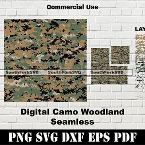 Könnte beinhalten: Digitales Tarnmuster Woodland nahtlos in Grün, Braun und Schwarz. Das Muster ist geschichtet und kann für kommerzielle Zwecke verwendet werden. Das Bild enthält den Text "LAYERED" und "SouthForkSVG".