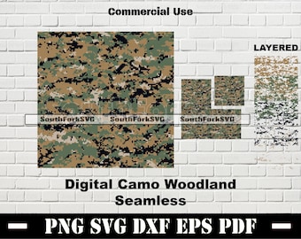 May include: Digital camo woodland seamless pattern in green, brown, and black. The pattern is layered and can be used for commercial purposes. The image includes the text "LAYERED" and "SouthForkSVG".