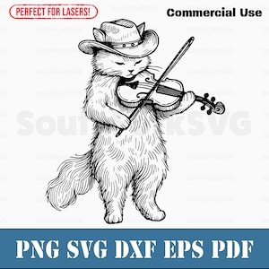 Chat jouant du violon violon svg png dxf eps pdf | Fichiers d'impression découpés au laser, image vectorielle clipart | Téléchargement instantané, utilisation commerciale