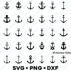 30 zwarte anker silhouetten bundel SVG PNG DXF vectorafbeelding knippen bestand clip art pictogram cameo marine zeilboot matroos Marine symbool