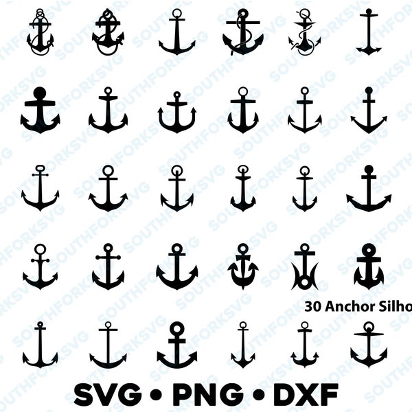 30 Black Anchor Silhouettes Bundle SVG PNG DXF vector graphic cut file clip art icon  cameo marine sailing boat sailor navy symbol