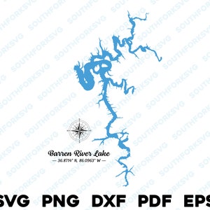 Barren River Lake Kentucky Mapa Forma Silueta svg png dxf pdf eps vector diseño gráfico corte grabado archivo láser imagen canotaje casa del lago