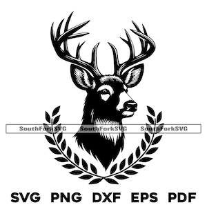 Puede incluir: Silueta en blanco y negro de una cabeza de ciervo con cuernos, enmarcada por una corona de hojas.