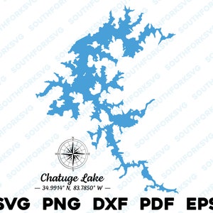Chatuge Lake Carolina del Norte Georgia Mapa Forma Silueta svg png dxf pdf eps vector diseño gráfico corte grabado archivo láser imagen lago con botes