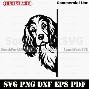 Puede incluir: Gráfico en blanco y negro de la cara de un perro, que aparece de lado. El perro tiene pelo detallado y una mirada curiosa. El texto incluye "Commercial Use" y "SVG PNG DXF EPS PDF".