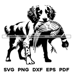 Perro de caza Spaniel Británico con faisán svg png dxf eps pdf / archivo de corte gráfico vectorial / clip art láser / descarga instantánea para uso comercial