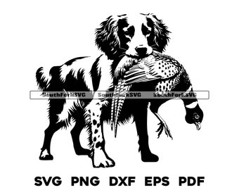 Brittany Spaniel Bird Dog with Pheasant svg png dxf eps pdf | grafika wektorowa plik cięty laserowo clipart | natychmiastowe pobieranie do użytku komercyjnego