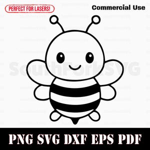 May include: A black and white cartoon bee illustration with a smiling face, antennae, and striped body. The image includes the text "Commercial Use" and file type options: PNG, SVG, DXF, EPS, and PDF.