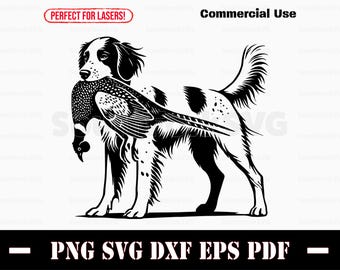 Brittany Spaniel Bird Dog z bażantem svg png dxf eps pdf | grafika wektorowa plik do cięcia laserowego grawerowanie clipart natychmiastowe pobieranie komercyjne wykorzystanie