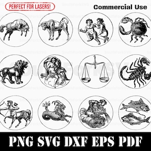 Signes du zodiaque de Style vintage Bundle svg png dxf pdf eps | Conception graphique vectorielle découpée, impression, teinture, sub, gravure laser, fichier numérique, utilisation commerciale