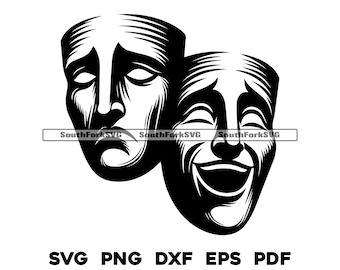 May include: Black and white illustration of two theatrical masks. One mask is a sad face and the other is a happy face.