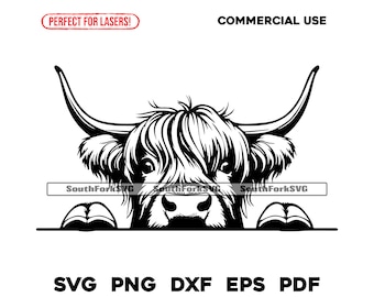 Peeking Highland Cow Head | svg png dxf eps pdf | transparent vector graphic design cut print dye sub laser engrave files commercial use