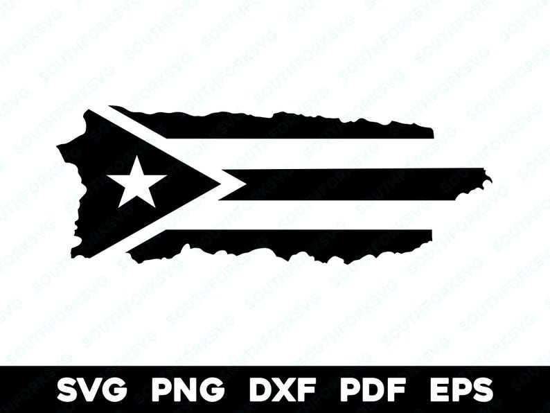 May include: Black and white silhouette of the island of Puerto Rico with the Puerto Rican flag design inside the outline.