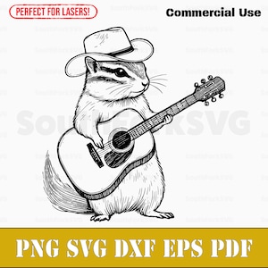 Ardilla tocando guitarra acústica svg png dxf eps pdf / grabado láser cortado archivos de impresión vector gráfico clip art / descargar uso comercial