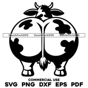 May include: Black and white silhouette of a cow with a spotted body, viewed from the rear. The cow is standing with its legs spread apart, and its tail is curled up. The image is a simple, cartoon-style illustration.