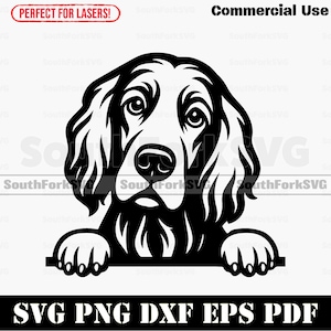 Op de afbeelding: Zwart-wit afbeelding van een hondenhoofd en poten, met de tekst "SVG PNG DXF EPS PDF". De afbeelding bevat ook de tekst "Commercial Use" en "SouthForkSVG".