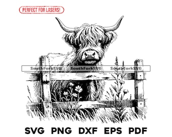 ハイランド牛の覗き見フェンス レーザー彫刻ファイル svg png dxf eps pdf | ベクターグラフィックデザイン カットプリント ダイサブ CNC デジタルファイル 商用利用