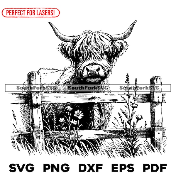 Highland Cow Peeking Fence Laser Engrave Files svg png dxf eps pdf | vector graphic design cut print dye sub cnc digital file commercial use