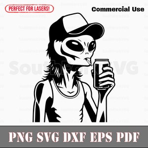 May include: Black and white illustration of an alien wearing a baseball cap and a tank top, holding a can of soda and smoking a cigarette.