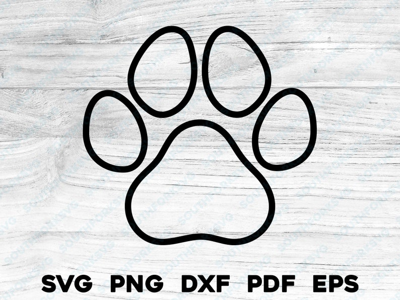 May include: Black and white outline of a paw print. The paw print has four toes and a pad.