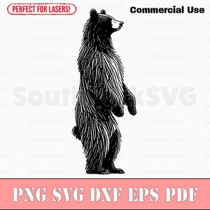 May include: Black and white line art illustration of a bear standing on its hind legs. The bear is facing to the right and has a long snout and small ears. The illustration is simple and detailed.