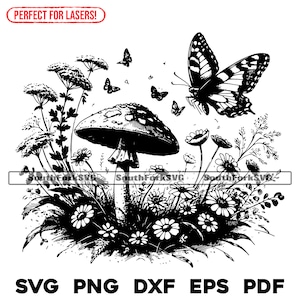 Butterfly & Mushroom scène lasergraveren bestanden svg png dxf eps pdf vector grafisch ontwerp knippen print dye sub cnc digitale bestanden commercieel gebruik