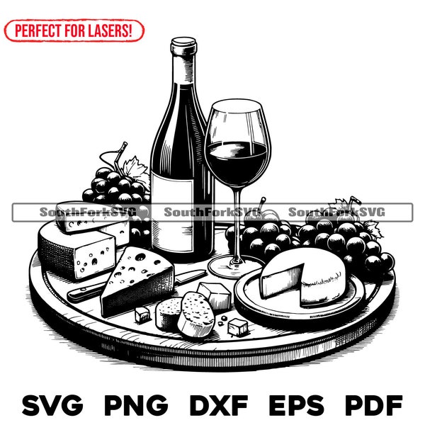 Laser Engrave File Charcuterie Wine & Cheese Board svg png dxf eps pdf | transparent vector graphic design cut print dye sub commercial use