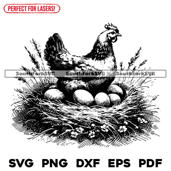 Mother Hen Chicken Nest Eggs Laser Engrave Files svg png dxf eps pdf | vector graphic cut print dye sub laser cnc files commercial use