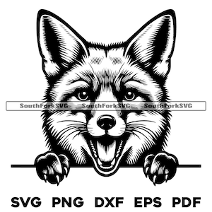 May include: Black and white illustration of a fox peeking over a surface. The fox has a wide open mouth and is looking directly at the viewer.