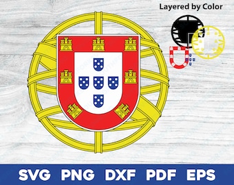 Puede incluir: Un archivo de corte SVG en capas del escudo de armas portugués. El escudo es rojo con una esfera armilar azul y blanca y cinco castillos de plata. El escudo está rodeado por un globo amarillo con un borde dorado.