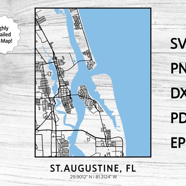 St. Augustine Florida City Street Road Map svg png dxf pdf eps | vector graphic design cut engraving laser cnc file Instant Digital Download