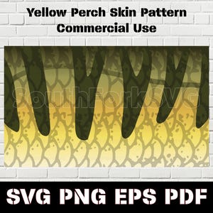 Puede incluir: Una ilustración digital de un patrón de piel de perca amarilla. El patrón es un primer plano de las escamas y presenta un esquema de color amarillo y verde. El texto "Yellow Perch Skin Pattern Commercial Use" está en la parte superior de la imagen.