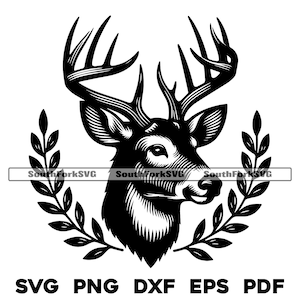 Puede incluir: Silueta en blanco y negro de una cabeza de ciervo con cuernos, enmarcada por una corona de hojas.