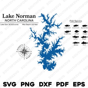 Lake Norman North Carolina Map Data, Fish Species | Laser Ready CNC Print Dye Sub | svg png dxf eps pdf | Instant Download Commercial Use