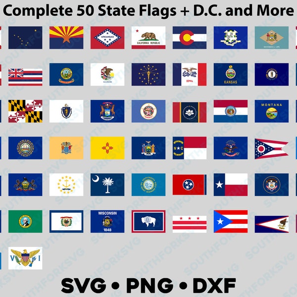Tous les drapeaux des États-Unis des 50 États + territoires Mega Bundle svg png dxf fichier numérique de conception graphique vectorielle Drapeaux des États-Unis d'Amérique