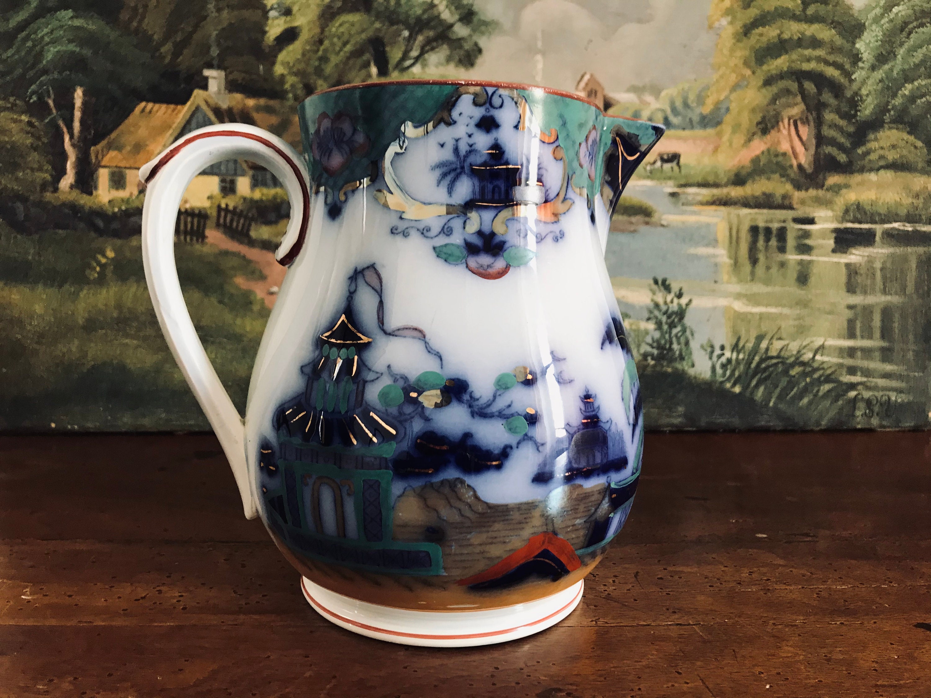 Beau Pichet en Faïence Opaque de Sarreguemines Au Décor Japonais Irisé