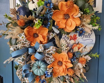 Coastal Fall Wreath Blue and Orange Wreath | Welcome Autumn Door Decor