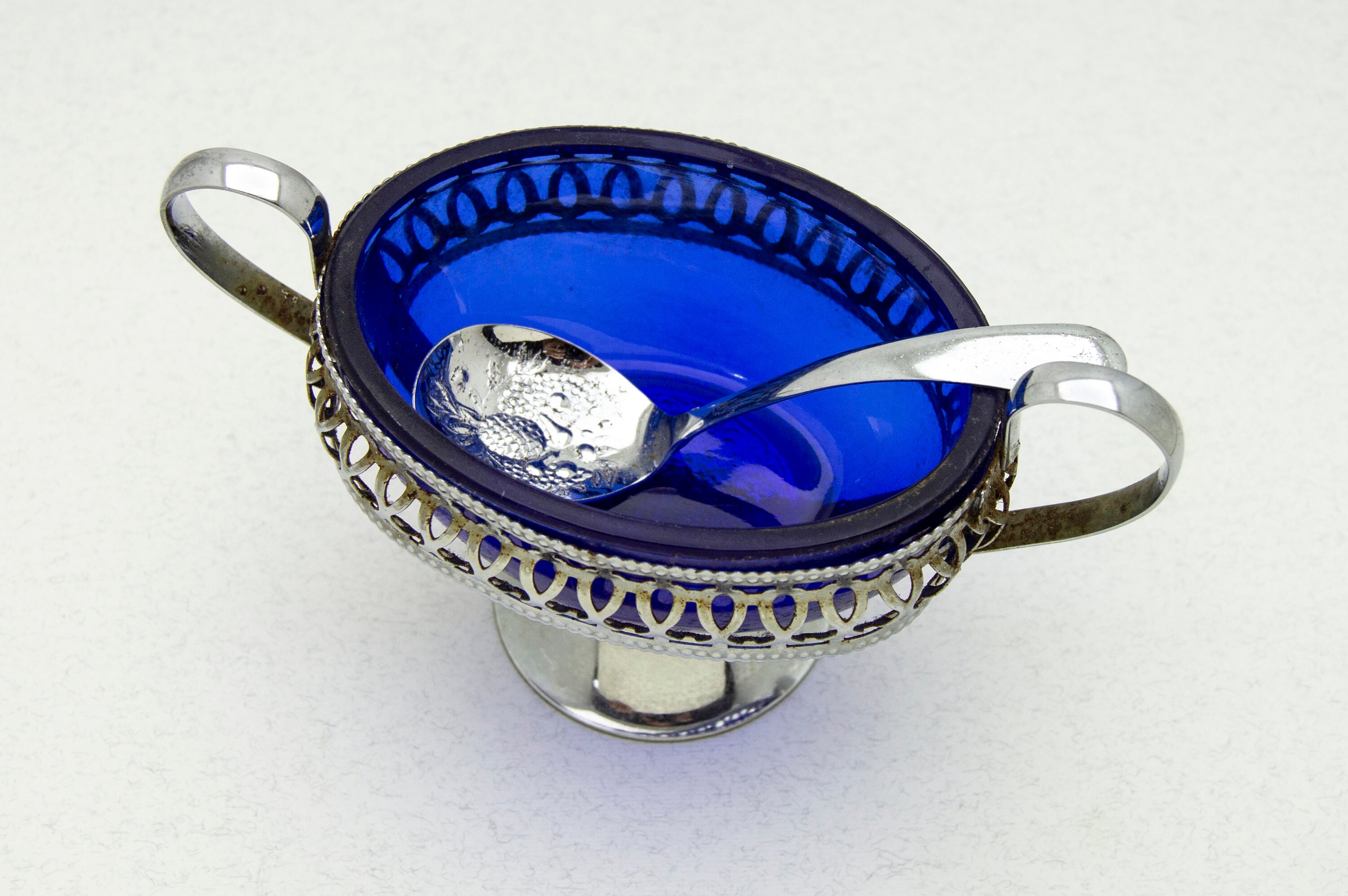 Glass Sugar Bowl With Engraved Spoon, Sugar Bowl With Metal Base, Oval