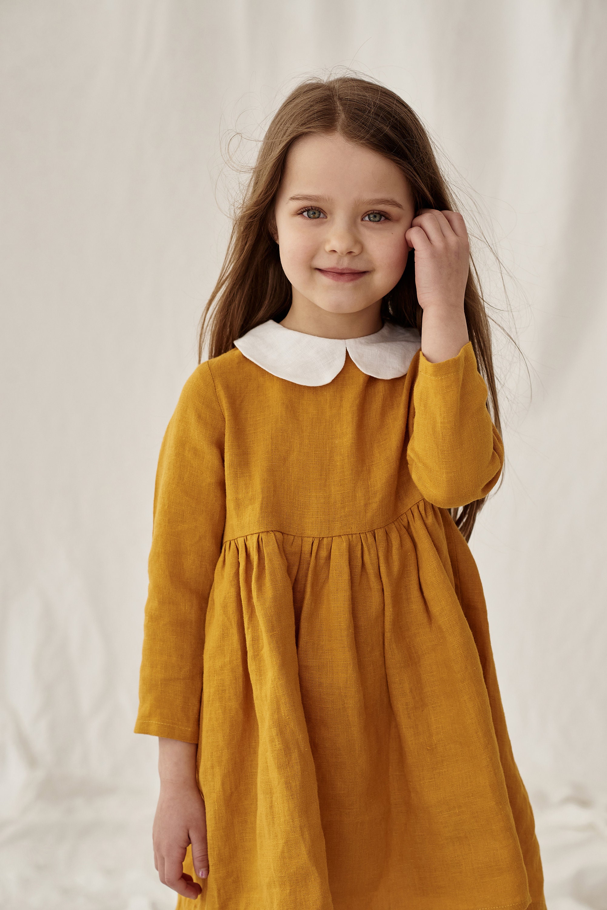 Linen Baby Bow Dress Linen Peter Pan Collar Dress Organic Linen Girl