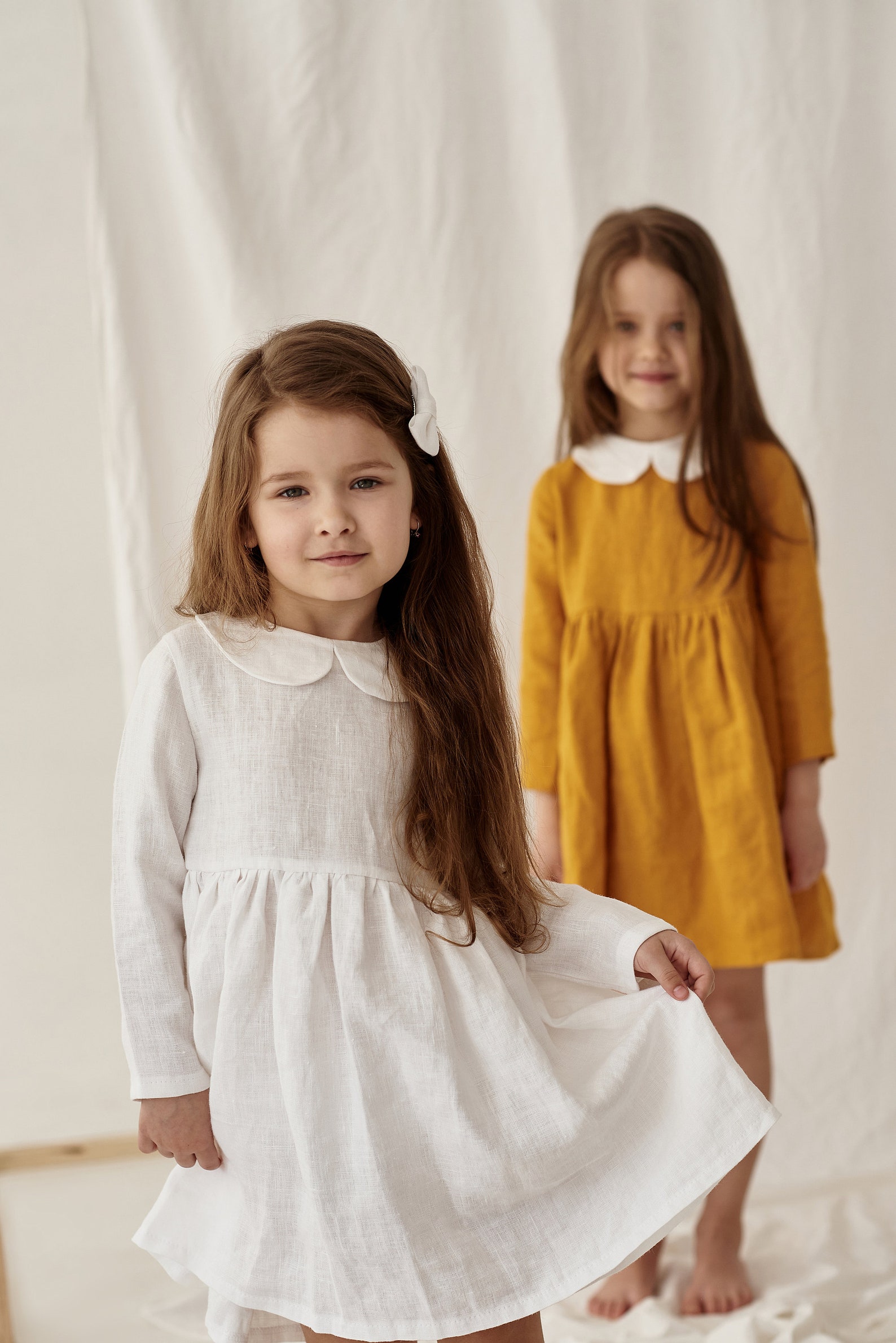 Linen Baby Bow Dress Linen Peter Pan Collar Dress Organic Linen Girl