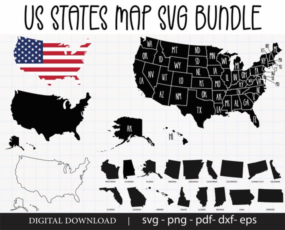 United States Map Svg Usa Map Svg Files Usa Map Bundle Svg 50 States Svg Bundle | Etsy