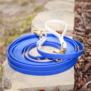 May include: A coiled blue dog leash with a white handle and gold-colored hardware. The leash is made of a durable, waterproof material. The handle is white with gold-colored hardware.