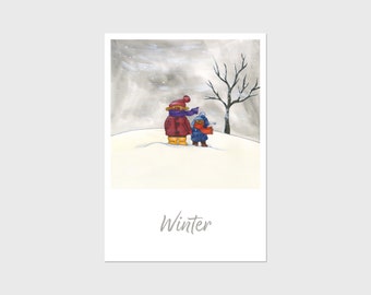 Postcard · Winter · Christmas · Season · Bear and pig in the snow · A6 · Mixing technology · Illustration · climate-neutral printing