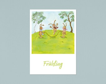 Spring postcard, Easter, season, bunnies jumping rope, A6, mixed media, illustration, carbon neutral printing
