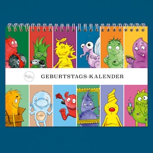 Könnte beinhalten: Ein bunter Kalender mit Spiralbindung, auf dem Comic-Monster abgebildet sind. Der Kalender trägt den Titel "Geburtstags-Kalender".