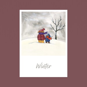 Winter Postkarte, Weihnachten, Jahreszeit, Bär und Schwein im Schnee, A6, Mischtechnik, Illustration, klimaneutraler Druck