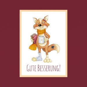 Postkarte Gute Besserung, A6, Grußkarte, Krankheit, Unfall, Genesung, Trost, Aquarell, Tier, Fuchs, Pflaster, nachhaltig
