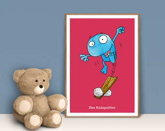 Children's room picture colorful, A4, red, blue, animals, The catapultier