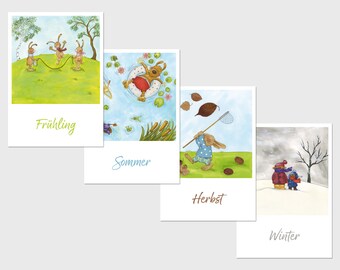 4x postcard set seasons spring summer autumn winter A6 mixed media illustration climate-neutral printing